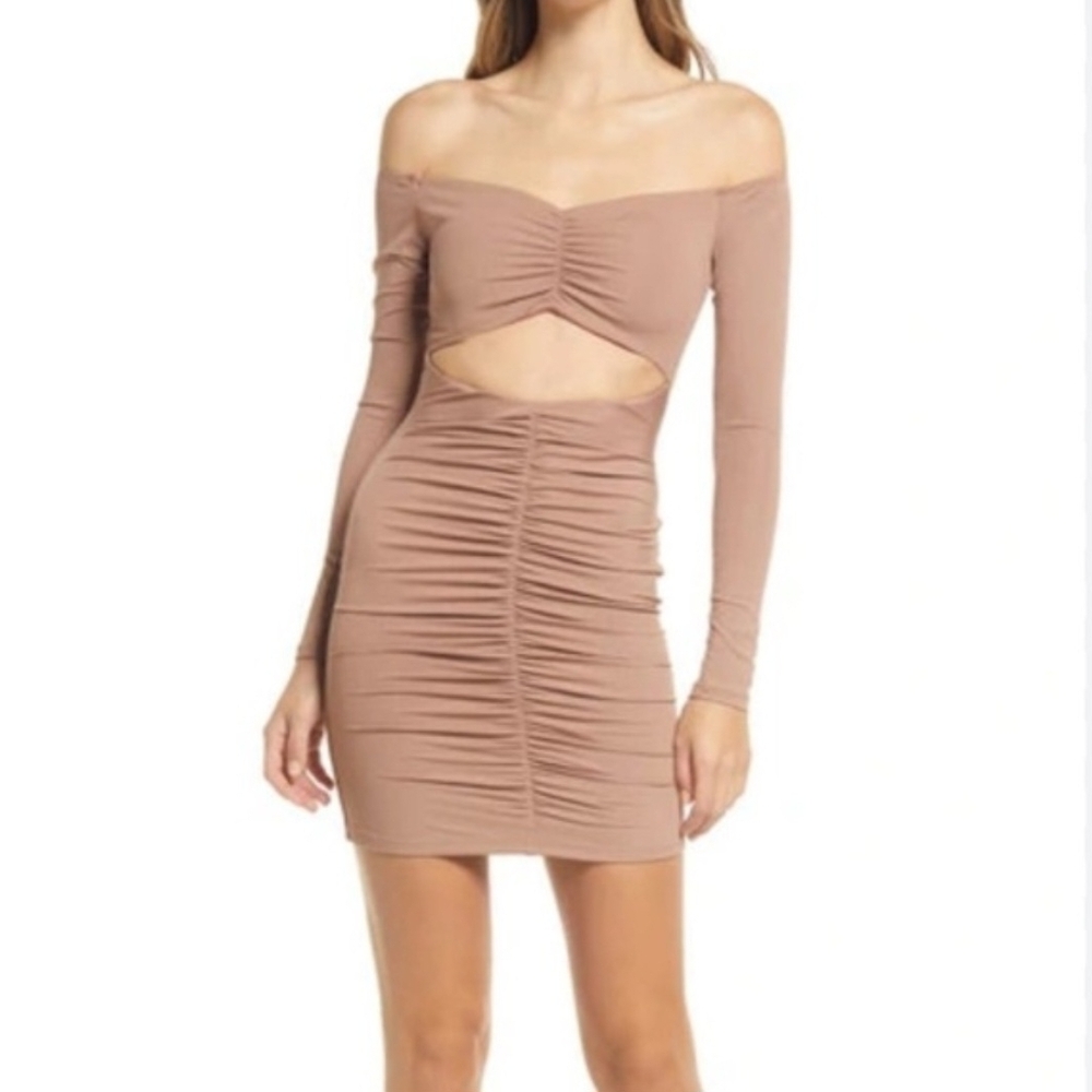 Naked Wardrobe Tan Long Sleeve Cutout Dress